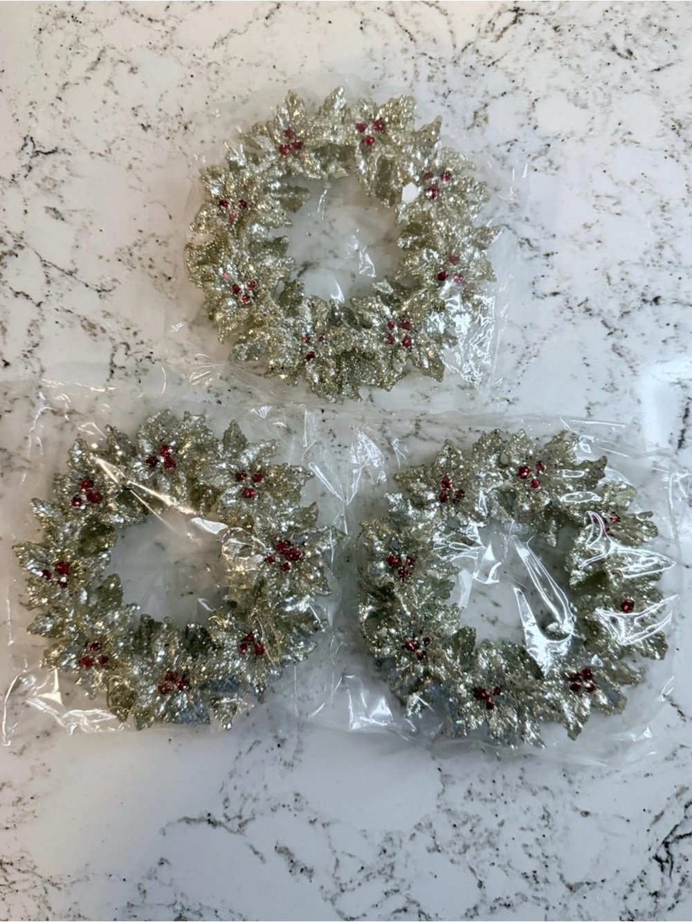 Sparkling Silver Poinsettia Mini 4” Wreath (3) Christmas Tree Ornaments
